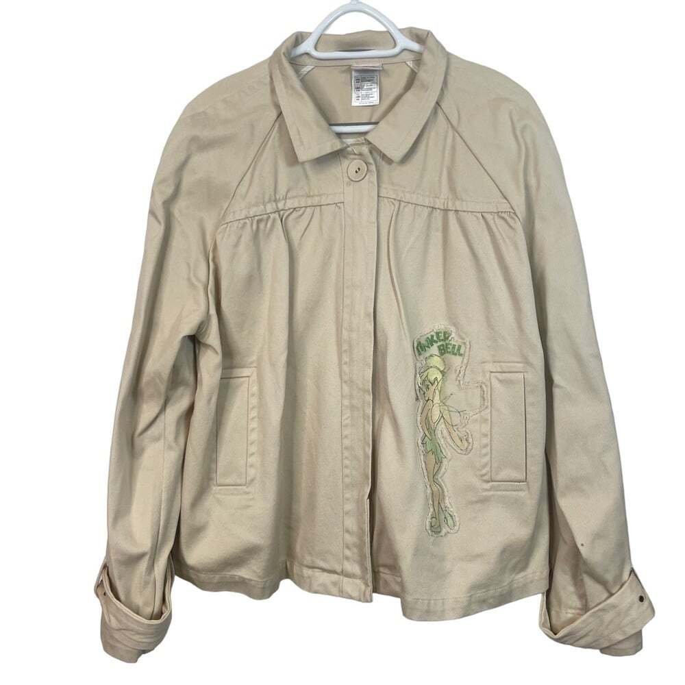 The Disney Store Women Tan Khaki Button Front Tinkerbell Embroidered Jacket